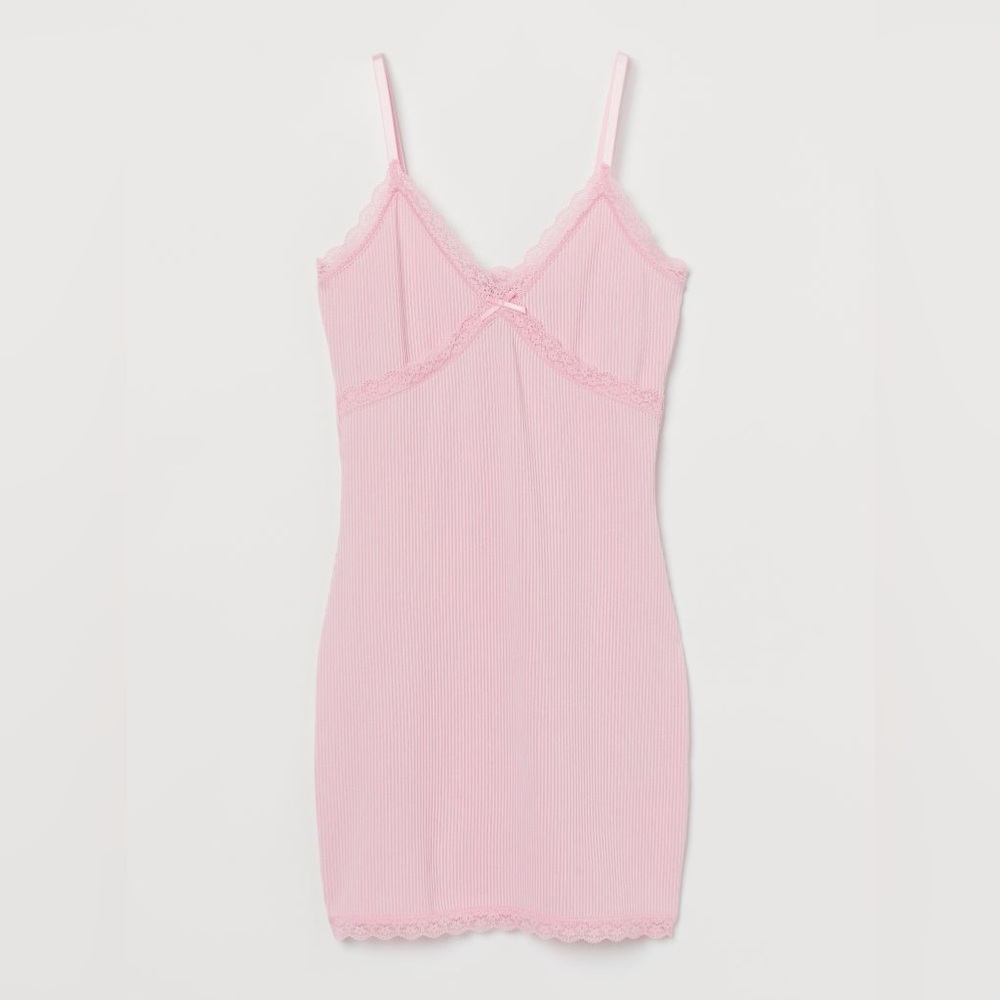 H&M Ribbed Lace-Trimmed Pink Dress